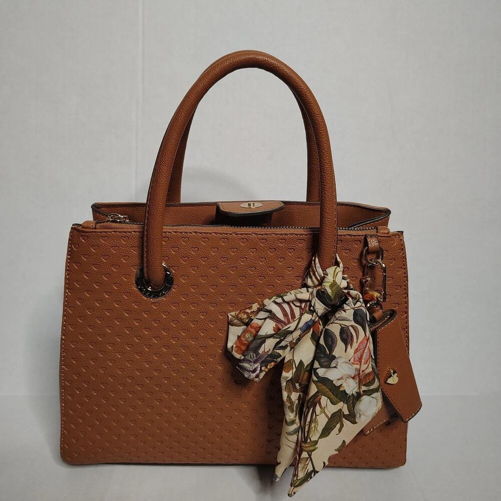 Betsy Johnson Medium Brown Heart Imprinted Tote Bag With Coin Pouch & Scarf - Picture 3 of 7